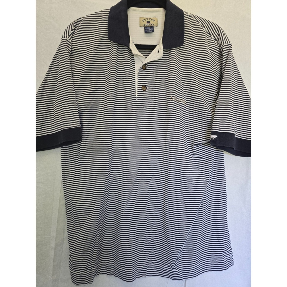 Cutter & Buck Men's XL Polo Shirt Navy & White Striped 100% Cotton Millwood Embr